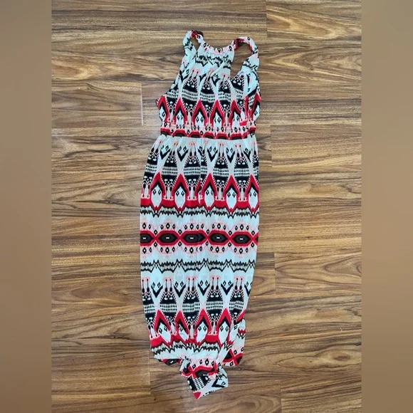 Plunge Neck tribal print red black stretchy Maxi Dress - Picture 5 of 5